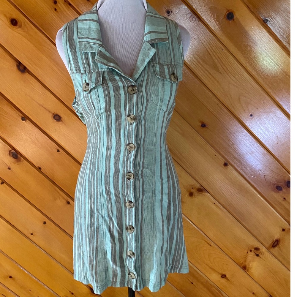 BDG Urban Outfitters Striped Open Back Button Down Mini Dress Sage Green Small